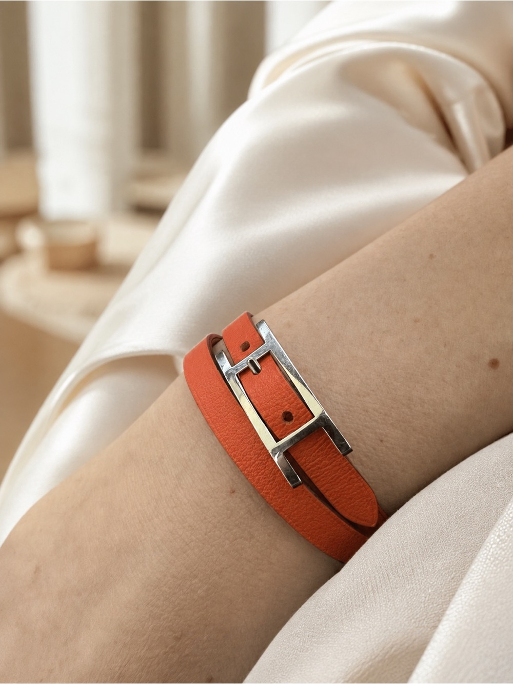 Hermès Behapi Double Tour Reversible Bracelet Rose Azalée Orange Poppy Size S